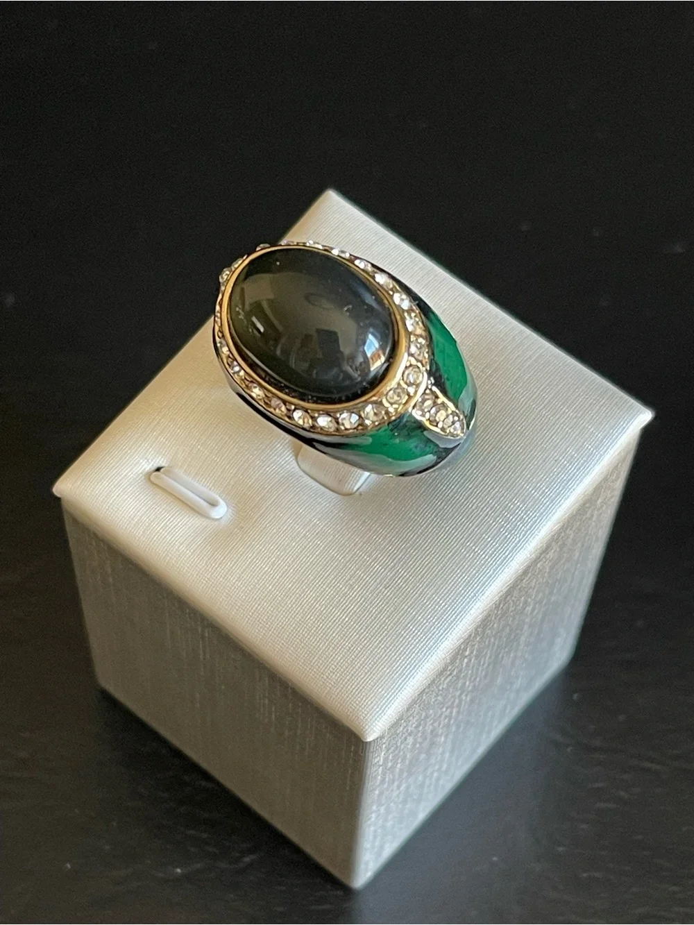 Vintage Green cabochon & green enamel Statement Ring with Crystal Halo.